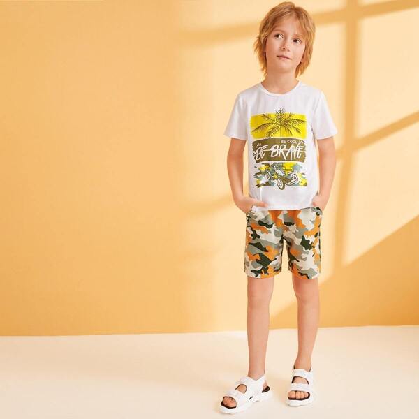 

Boys Cartoon Tee & Camo Slant Pocket Shorts Set, Multicolor