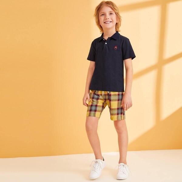 

Boys Embroidered Detail Polo Shirt and Plaid Shorts Set, Multicolor