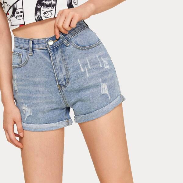 

Button Waist Ripped Rolled Hem Denim Shorts