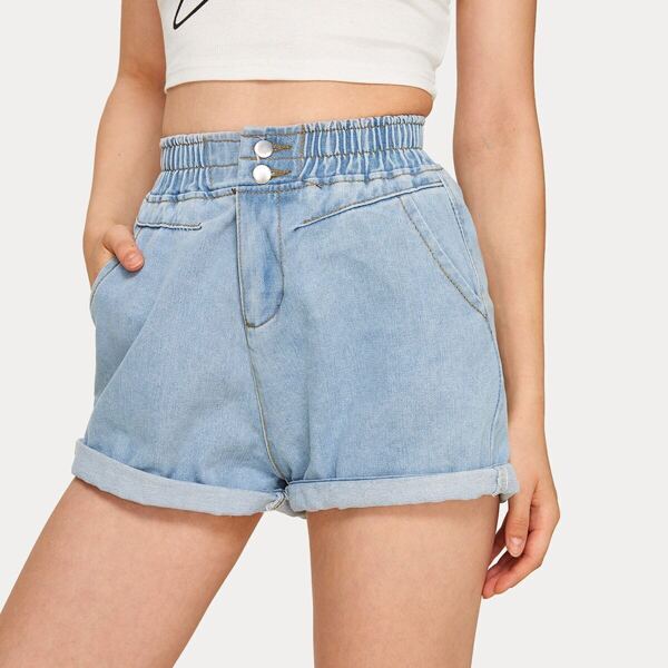 

Button Waist Rolled Hem Denim Shorts