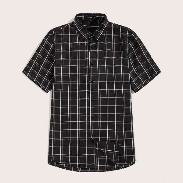 

Men Button Front Grid Shirt, Black