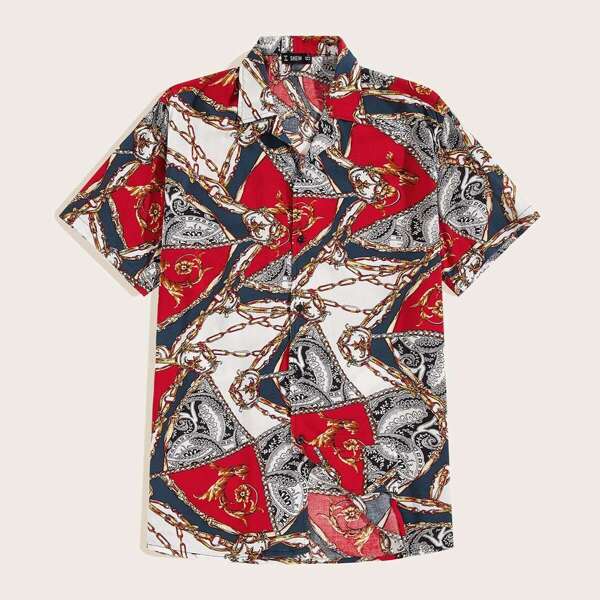 

Men Chain Print Revere Collar Shirt