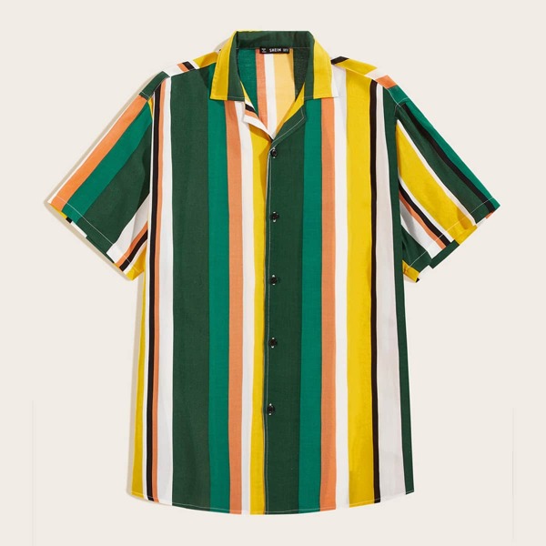 

Men Rainbow Striped Revere Collar Shirt