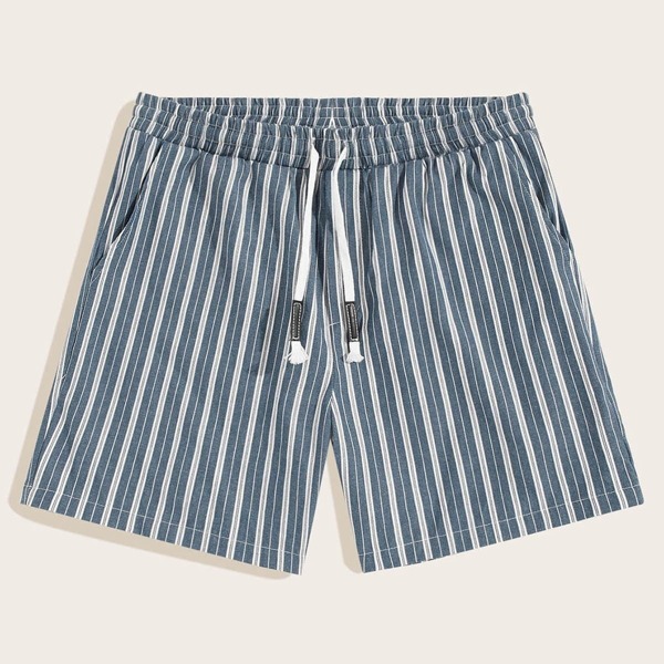 

Men Drawstring Waist Slant Pocket Striped Shorts, Blue