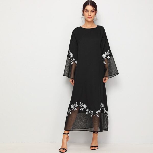 

Drop Shoulder Embroidery Mesh Tunic Dress, Black