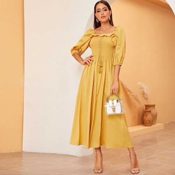 

Puff Sleeve Lace Up Front Shirred Flare Dress, Yellow