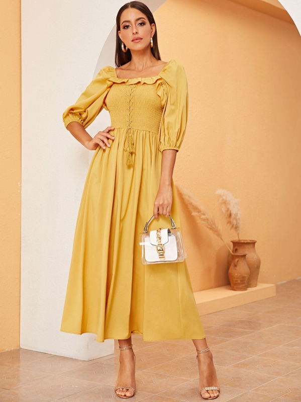 

Puff Sleeve Lace Up Front Shirred Flare Dress, Yellow, Mary P.