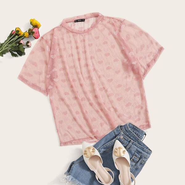 

Plus Heart Embroidered Mesh Top Without Bra