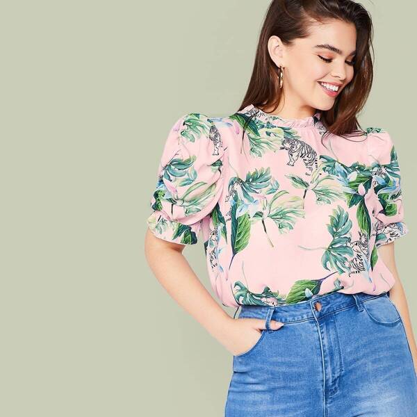 

Plus Tropical and Tiger Print Puff Sleeve Top, Multicolor