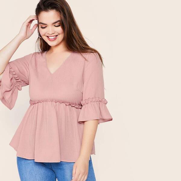 

Plus V-neck Frill & Ruffle Trim Peplum Top, Pink