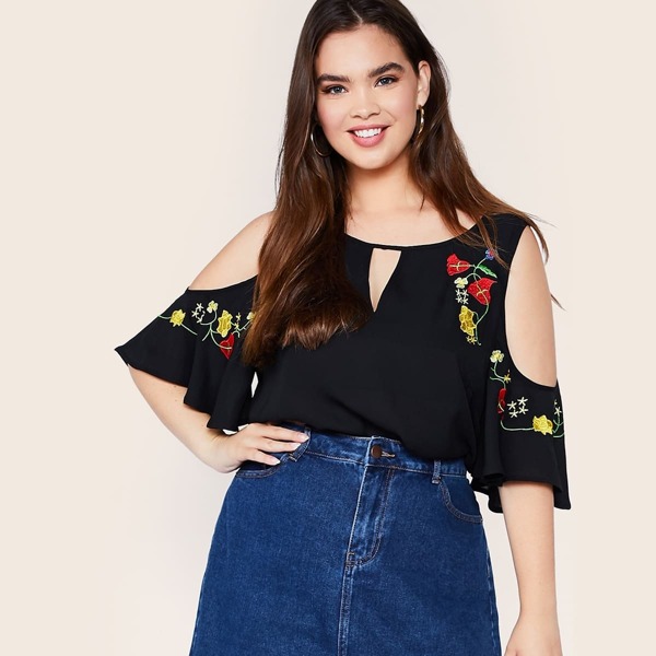 

Plus Cold Shoulder Embroidered Bell Sleeve Top, Black