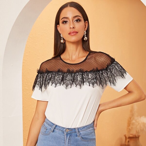 

Eyelash Lace Trim Mesh Yoke Top