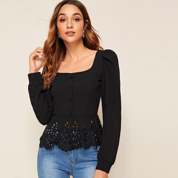 

Button Front Laser Cut Scalloped Peplum Top, Black