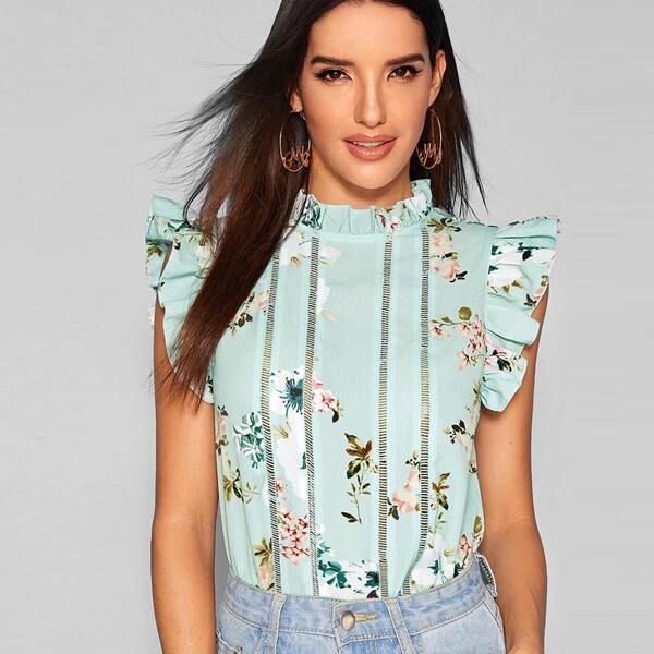 

Frill Trim Ruffle Armhole Keyhole Back Floral Blouse