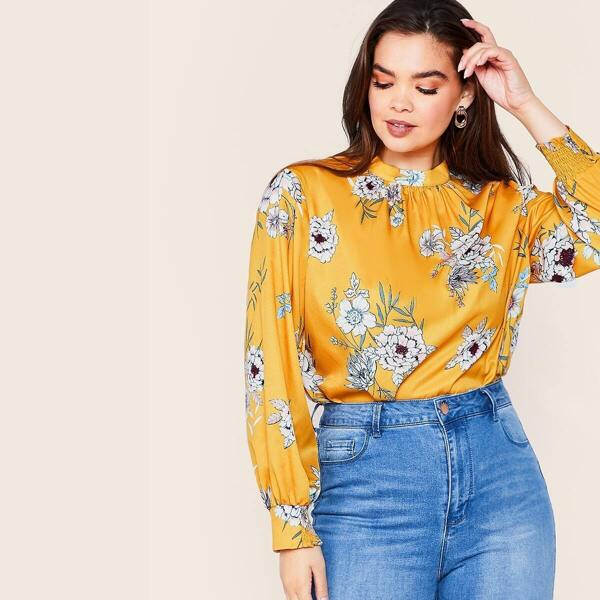 

Plus Mock Neck Ruched Front Floral Print Top, Yellow