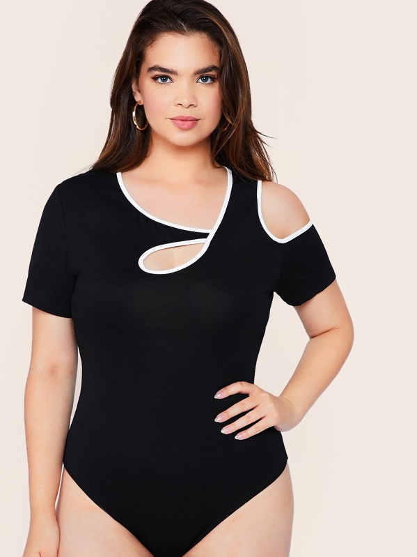 

Plus Cold Shoulder Asymmetrical Neck Skinny Bodysuit, Black, Faith Bowman