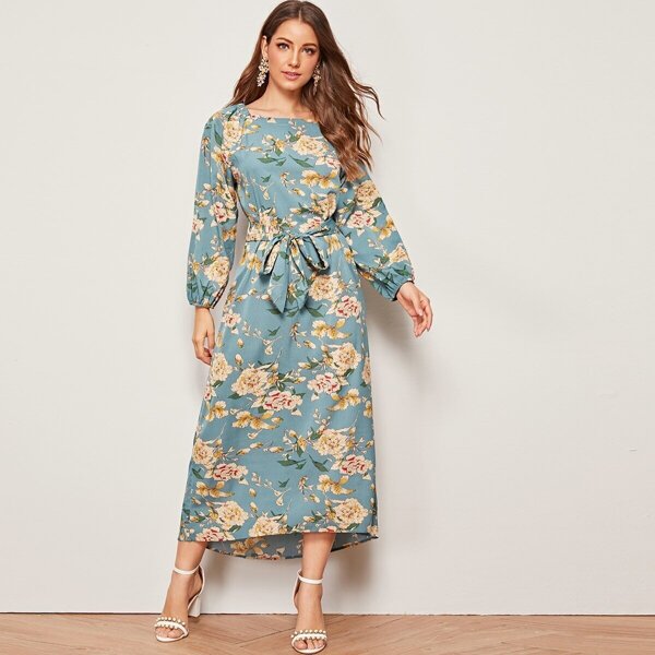 

Tie Waist Allover Floral Longline Dress, Blue