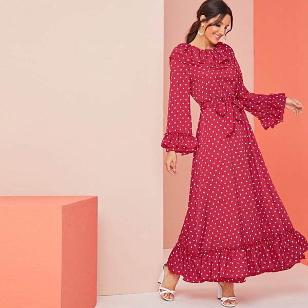 

Dot Print Tie Waist Ruffle Dress