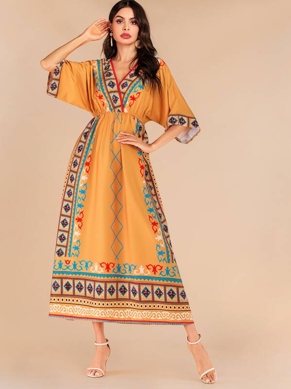 

Aztec Print Elastic Waist Kimono Sleeve Maxi Dress, Yellow, Andy