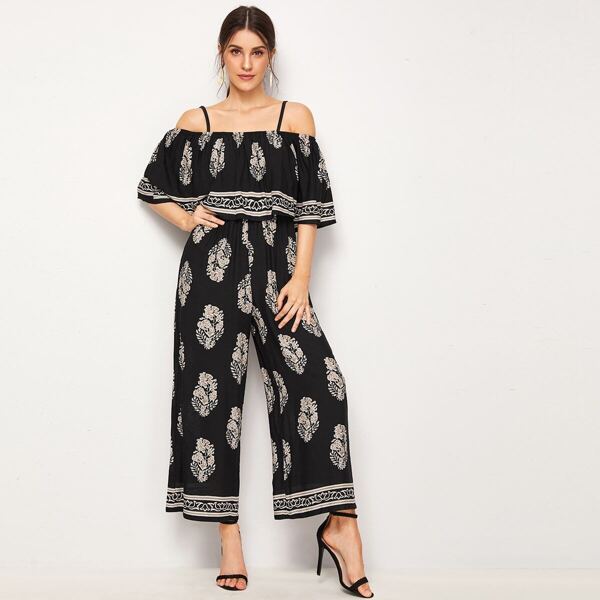 

Floral Print Cold Shoulder Wide Leg Jumpsuit
