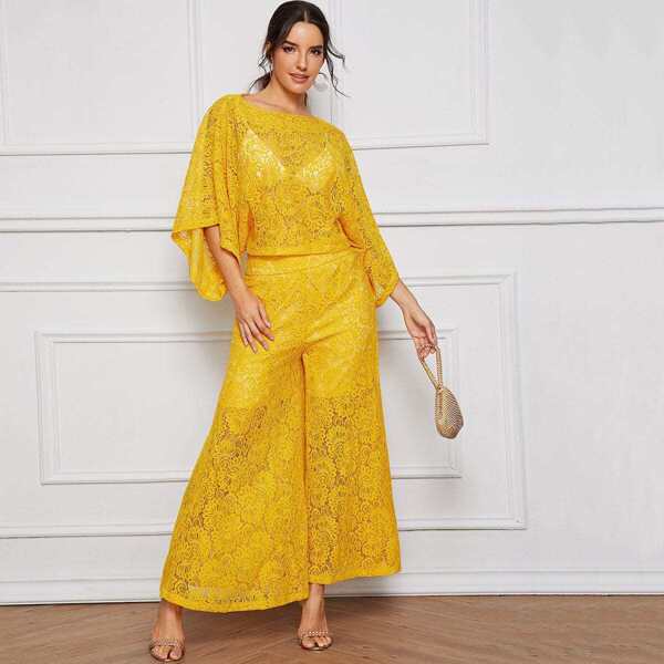 

Sheer Lace Top Without Bra & Wide Leg Lined Pants, Yellow