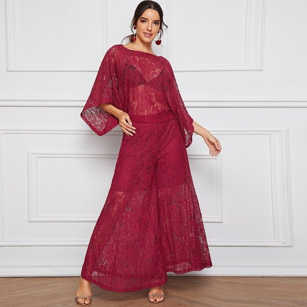 

Sheer Lace Top Without Bra & Wide Leg Lined Pants, Red