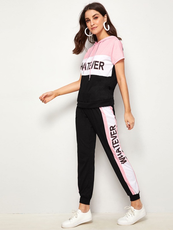 

Letter Graphic Top & Tape Side Sweatpants, Multicolor, Vikie