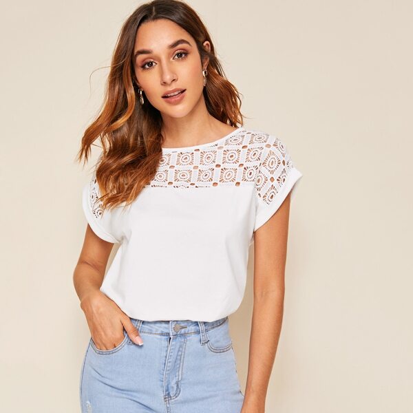 

Lace Yoke Insert Cuffed Sleeve Top