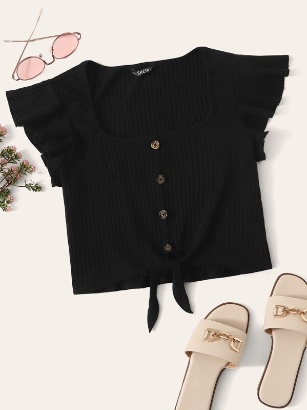

Flutter Sleeve Tie Front Buttoned Rib-knit Top, Black