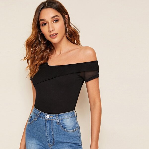 

Asymmetrical Neck Mesh Panel Foldover Front Top
