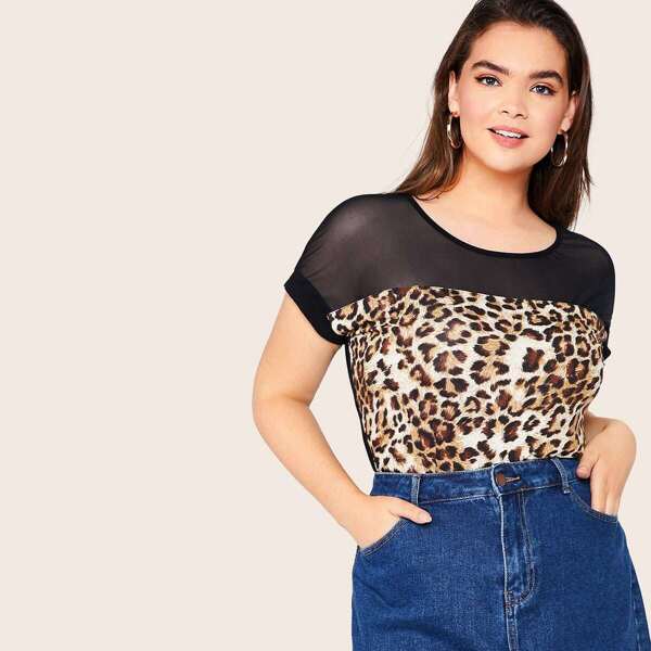 

Plus Mesh Yoke Trim Leopard Print Top
