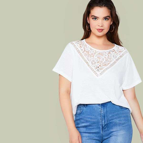 

Plus Guipure Lace Insert Solid Top