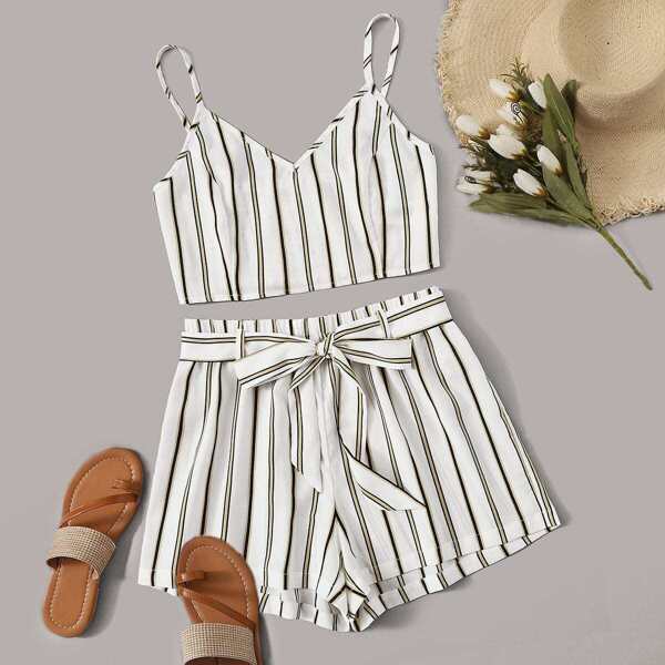 

Striped Crop Cami Top & Belted Shorts Set