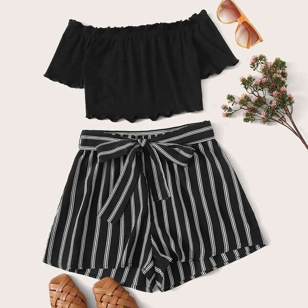 

Lettuce Trim Bardot Top & Striped Belted Shorts Set, Black