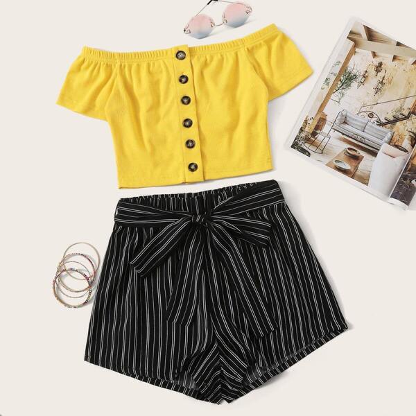 

Button Front Bardot Top & Striped Belted Shorts Set