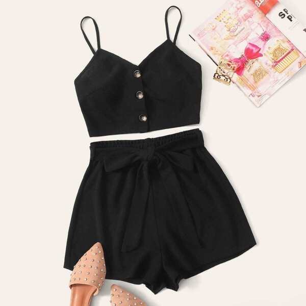 

Plus Button Front Cami Top & Belted Shorts Set, Black
