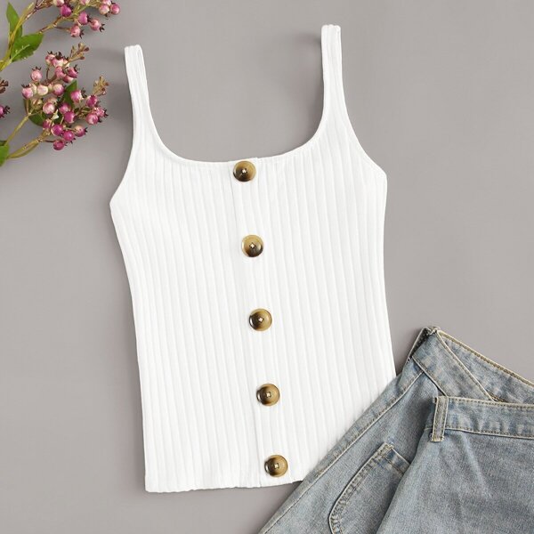 

Plus Button Front Rib-knit Tank Top, White