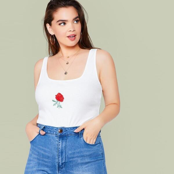

Plus Embroidery Floral Rib-knit Tank Top
