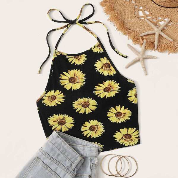 

Plus Floral Print Knot Halter Top, Multicolor