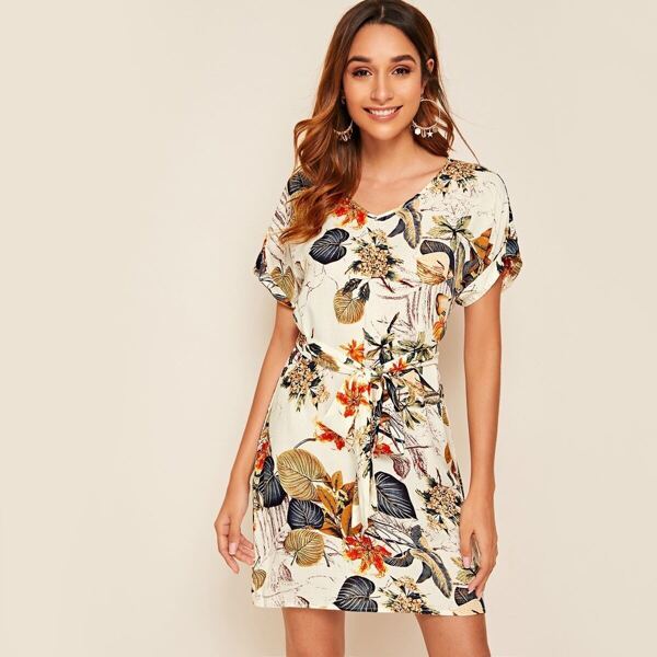 

Plants Print Roll Up Sleeve Belted Dress