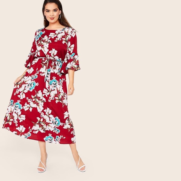 

Plus Ruffle Cuff Floral Print Belted Dress, Multicolor
