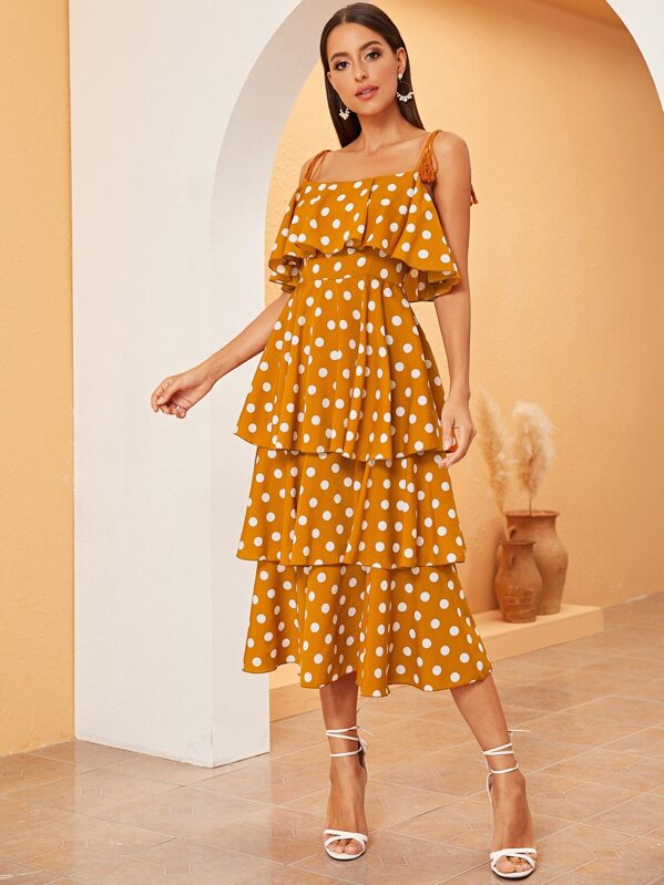 

Polka-dot Print Layered Ruffle Tie Fringe Slip Dress, Yellow, Mary P.