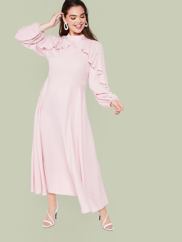 

Plus Mock Neck Ruffle Trim Flare Dress, Pink, Faith Bowman