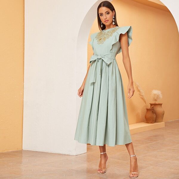 

Embroidered Detail Ruffle Armhole Belted Dress, Green pastel