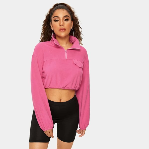 

Drop Shoulder Zip Half Placket Teddy Pullover, Pink bright