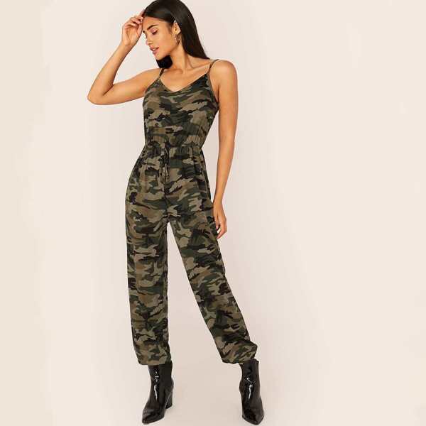 Drawstring Waist Camo Cami Jumpsuit