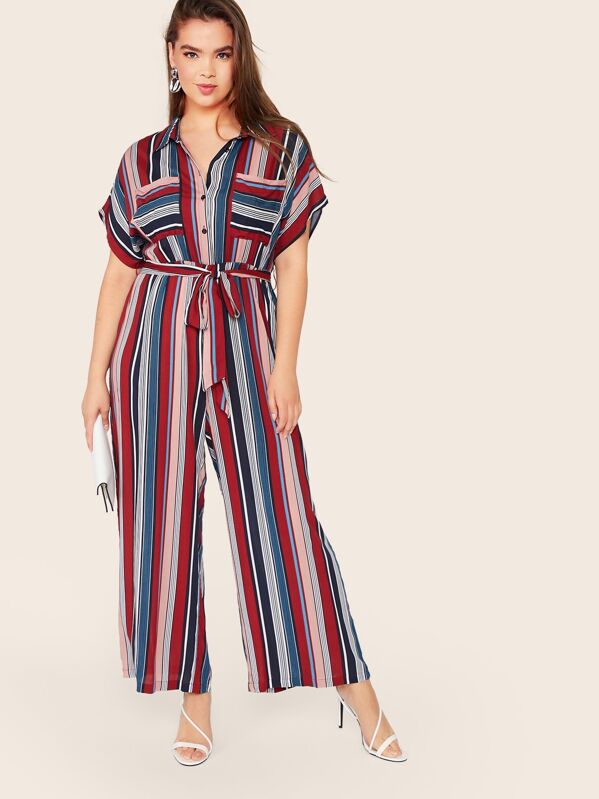 

Plus Half Placket Pocket Striped Belted Jumpsuit, Multicolor, Faith Bowman