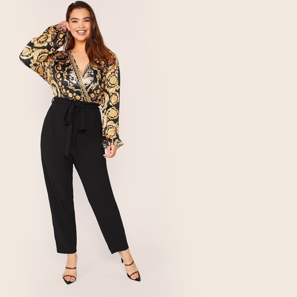 

Plus Scarf Print Wrap Belted Combo Jumpsuit, Black