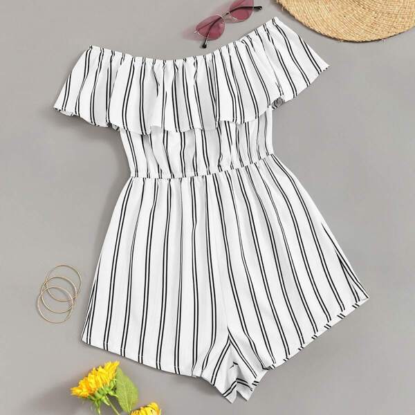 

Plus Off Shoulder Ruffle Trim Striped Romper, White