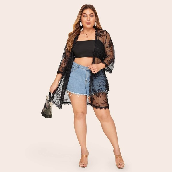

Plus Open Front Sheer Lace Kimono